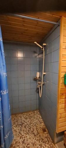 a bathroom with a shower with a blue tiled wall at Rähni Maja in Põlva