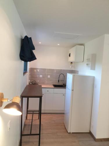 a kitchen with a white refrigerator and a table at bungalow au calme in Saint-Savournin