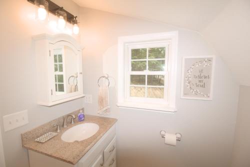a white bathroom with a sink and a window at Mountain Getaway with Lake View in Entriken