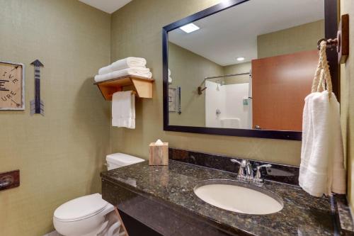 ein Badezimmer mit einem Waschbecken, einem WC und einem Spiegel in der Unterkunft Stoney Creek Inn Quincy in Quincy