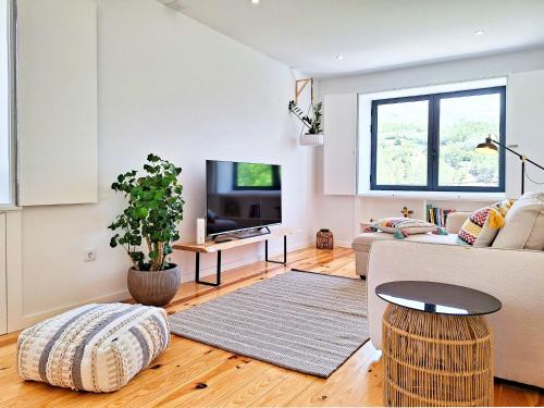 a living room with a couch and a tv at Tílias House in Covilhã