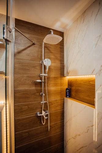 a shower in a bathroom with a wooden wall at Apartman Aleksej Valjevo in Valjevo