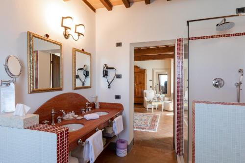 a bathroom with a sink and a mirror and a shower at La Palazzetta Del Vescovo in Fratta Todina