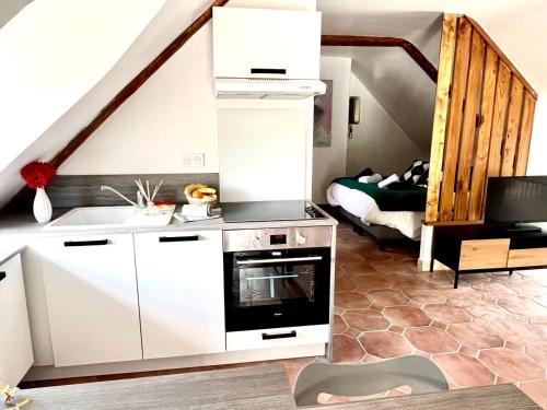 a kitchen with a sink and a stove in a room at Gîte Fancy, Vallée du Scorff, Nature 2-4 personnes in Arzano