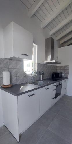 eine Küche mit weißen Schränken und einem Waschbecken in der Unterkunft Morning Star Aruba in Oranjestad