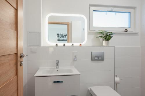 a white bathroom with a sink and a mirror at Siskin Guest Suite in Kinrara