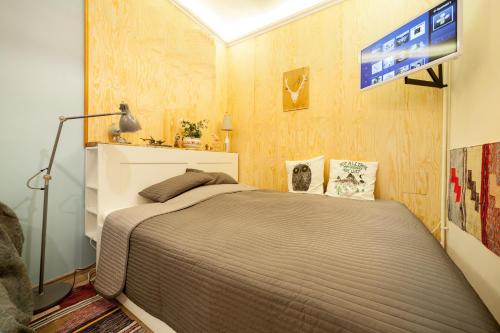een slaapkamer met een bed en een tv aan de muur bij The Center Vintage & Hancrafted in Boedapest