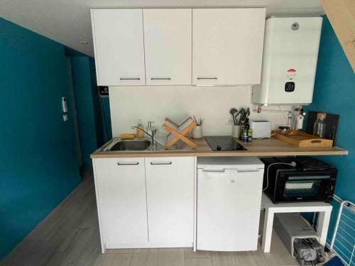 eine kleine Küche mit weißen Schränken und einem Waschbecken in der Unterkunft Charmant Studio - Jacuzzi/Jardin in Andernos-les-Bains