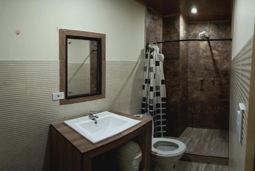 a bathroom with a sink and a shower and a toilet at Hotel la guaneña in Ipiales