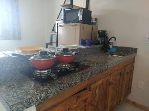 a kitchen counter with two pots on a stove at Recanto Trevo da Pampulha in Belo Horizonte