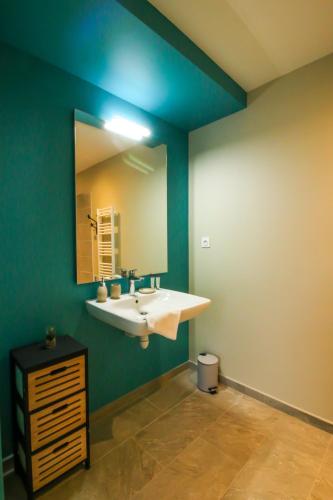 ein Bad mit einem Waschbecken und einem Spiegel in der Unterkunft Vita, Jacuzzi Partagé & Parking avec Borne de Recharge Voiture Electrique in Sarlat-la-Canéda