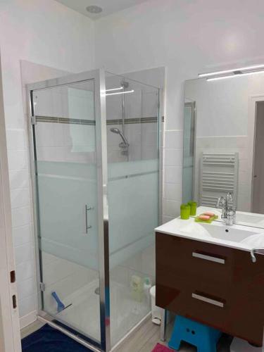 une salle de bain avec une douche en verre et un lavabo dans l'établissement Maison au calme avec piscine, à Andernos-les-Bains