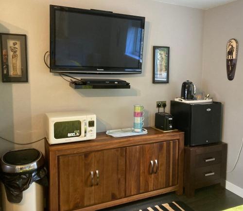 法爾茅斯的住宿－Twin Gates Annexe，带微波炉的房间角落的电视
