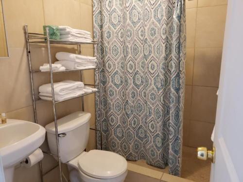 a bathroom with a toilet and a shower curtain at Old Wooden Bridge Resort & Marina in Big Pine Key
