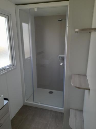 LitteauにあるMobil homeのバスルーム(ガラスドア付きのシャワー付)