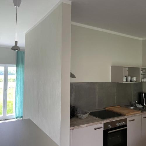 a kitchen with white walls and a counter top at Ferienwohnung DREI Hof Himmelgrün in Saal