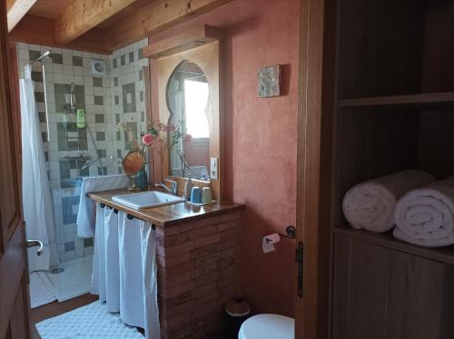 a bathroom with a sink and a mirror at Un petit coin de paradis in Orpierre
