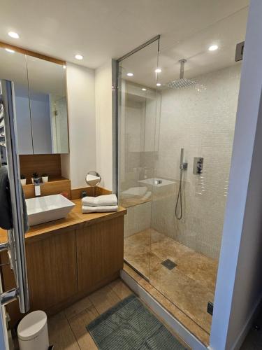 a bathroom with a glass shower with a sink and a toilet at Très grand deux pièces Marines de Cogolin in Cogolin