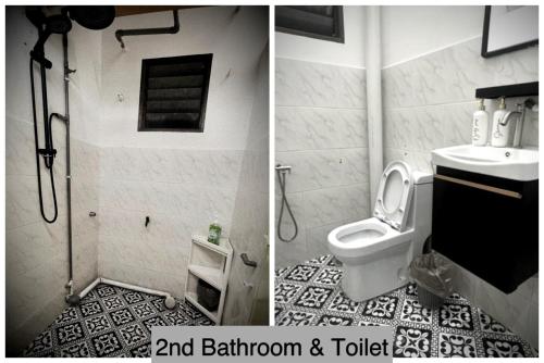 two pictures of a bathroom with a toilet and a sink at Harris Homestay Gerik Town, Free Wifi & Netflix in Gerik