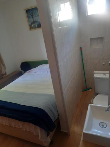 a small bedroom with a bed and a sink at Hostel Sancris in São José dos Campos