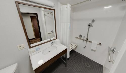 Hampton Inn Majestic Chicago Theatre District في شيكاغو: حمام أبيض مع حوض ومرآة