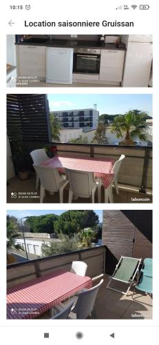 un collage de deux photos d'une table et de chaises dans l'établissement Location saisonnière Résidence Ephyra Gruissan, à Gruissan