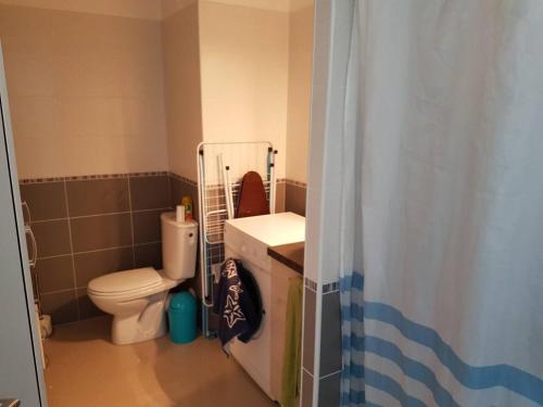 une petite salle de bain avec toilettes et lavabo dans l'établissement Location saisonnière Résidence Ephyra Gruissan, à Gruissan