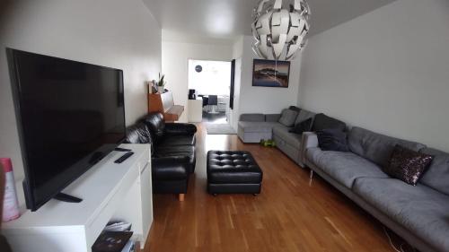 a living room with a couch and a flat screen tv at Central Park Home in Turku