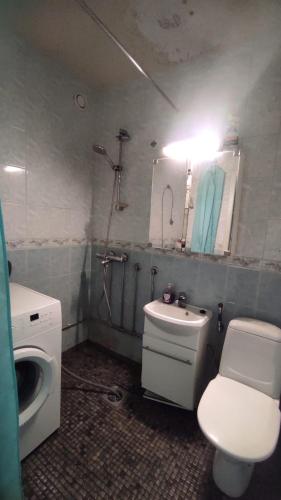 a bathroom with a toilet and a sink and a mirror at Central Park Home in Turku