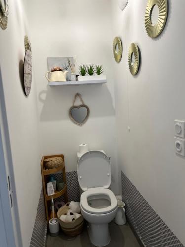 mała łazienka z toaletą i półką w obiekcie Chez moi à côté du Groupama stadium w mieście Décines-Charpieu