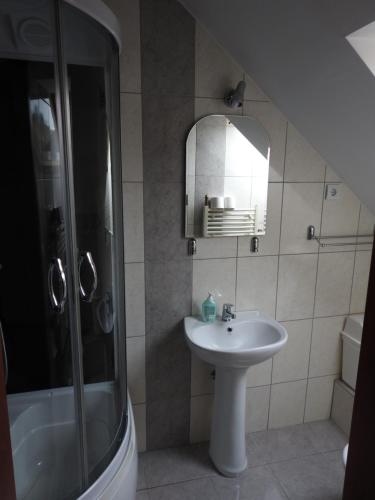 a bathroom with a sink and a shower at Skigyimes Guesthouse in Lunca de Sus