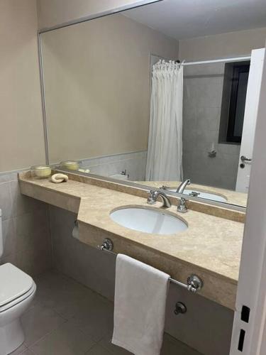 a bathroom with a sink and a toilet and a mirror at Departamento en Nueva Córdoba in Córdoba