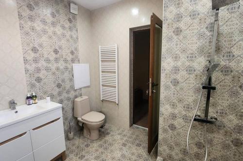 La salle de bains est pourvue de toilettes, d'une douche et d'un lavabo. dans l'établissement Budget overnight- Struma highway, à Pernik