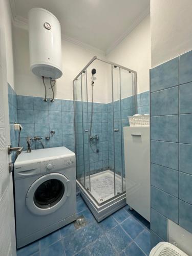 a washing machine in a bathroom with a shower at BLUE APARTMENT MOSTAR in Mostar