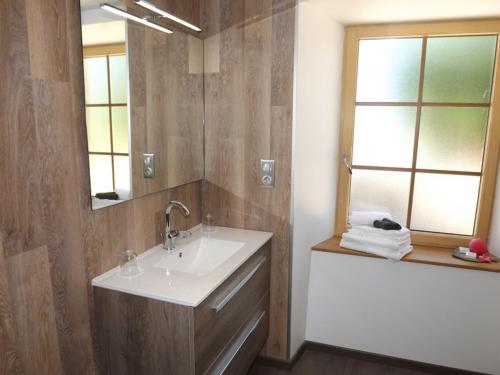 ein Bad mit einem Waschbecken und einem Spiegel in der Unterkunft La maison de gilbert in Chaudes-Aigues