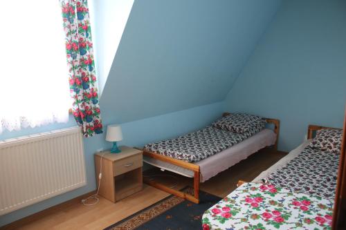two twin beds in a room with blue walls at Pokoje Gościnne Łukaszczyk in Zakopane