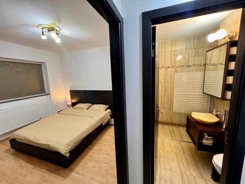 ein kleines Schlafzimmer mit einem Bett und einem Badezimmer in der Unterkunft MNM Mitropolie II in Iaşi
