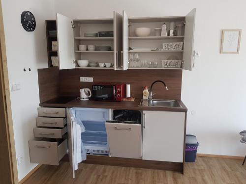 a small kitchen with white cabinets and a sink at Barbora in Kašperské Hory