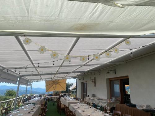 a dining room with tables and chairs with flowers on the ceiling at Lo Scoiattolo Country House in Montorio al Vomano