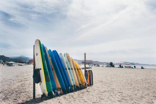 a row of surfboards are lined up on the beach at 2B - Cerritos Beach Condo, Lrg Pool, Baja Sur in El Pescadero