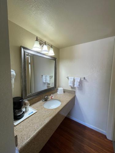 a bathroom with a sink and a mirror at Travelodge by Wyndham Holbrook in Holbrook