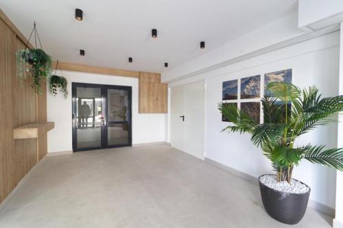 a hallway with a potted plant in a building at Deea H24 in Râşnov