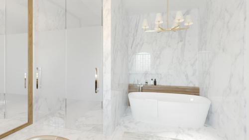 a white bathroom with a tub and a sink at Central Hotel Boutique in Chihuahua