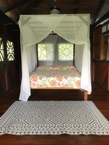 a bed in a room with a canopy and two windows at Casa Kumbaya Costa Rica in Cabo Matapalo