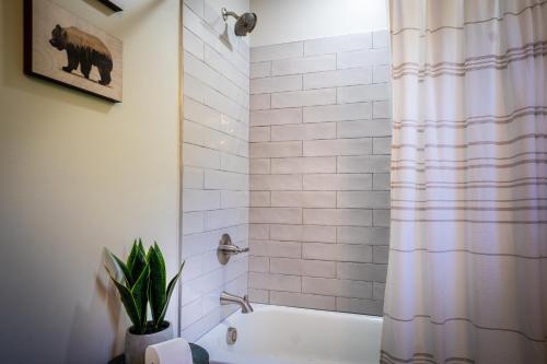 a bathroom with a shower curtain and a tub at Par-Tee Haus I- Game Room & Hot Tub-Walk to Helen in Helen