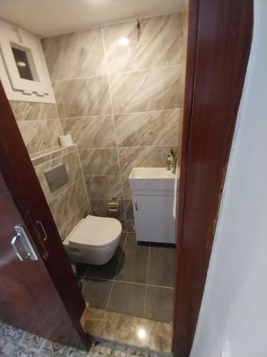a bathroom with a toilet and a sink at Beautiful stone guesthouse in cool Konak district in Konak