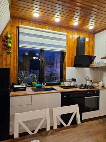 a kitchen with a sink and a window at B&B Cottage in Mestia in Mestia