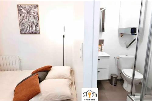 a bathroom with a bed and a toilet in a room at Studette Cosy Seh’Loué in Saint-Brieuc
