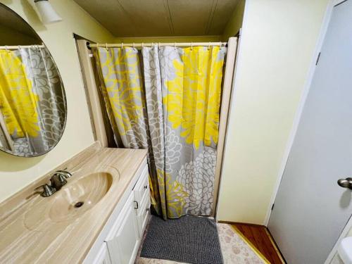 a bathroom with a shower and a sink at Sunshine Tiny Home Pinecraft in Sarasota
