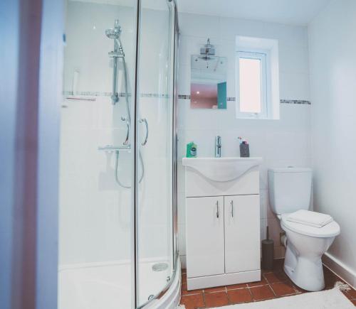 Un baño blanco con ducha y WC. en COSY 5bed 2bath Well Equipped House in Coventry City near Amenties makes great DIGS, WI-FI, ON STREET PARKING, SMART TVS IN ROOMS, COOP SHOP 2MINS WALK, en Coventry